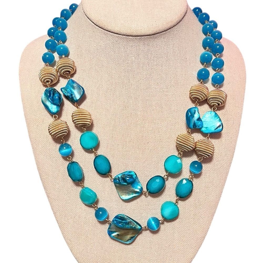 nOir Jewelry Blue and Gold Double Strand Beaded Necklace